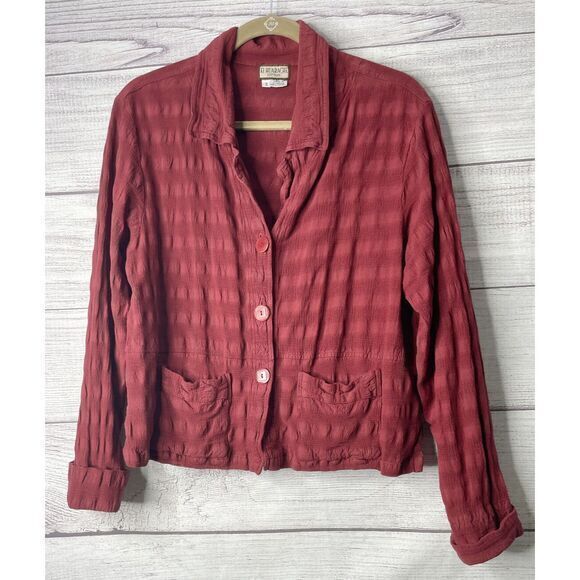 Vintage El Huarache Cottons Long Sleeve Waffle Cotton Button Up Shirt Red sz S - Picture 1 of 4